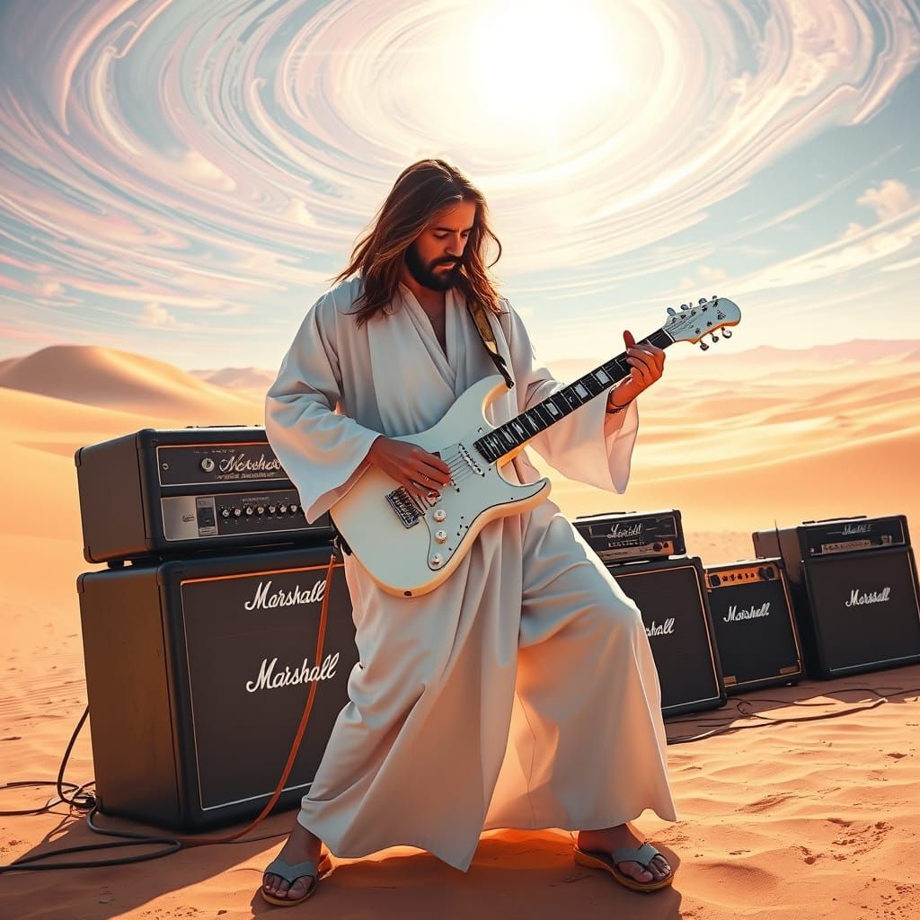 Jesus Shreds Guitar in Surreal Desert Landscape