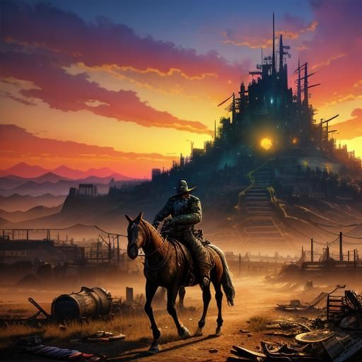Wasteland Cowboy on Horseback: Watercolor Sunset