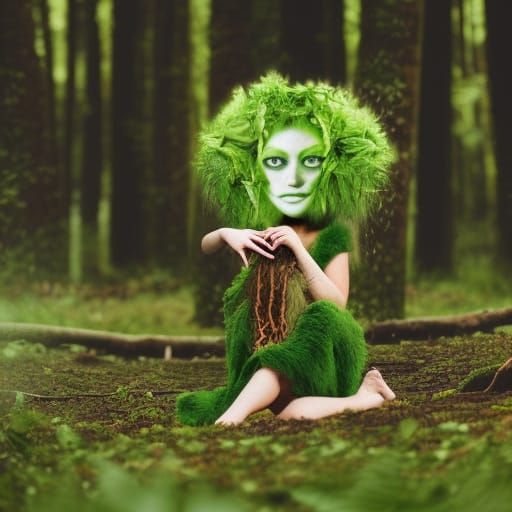 Cute Green Monster Girl with Salmon on Beach