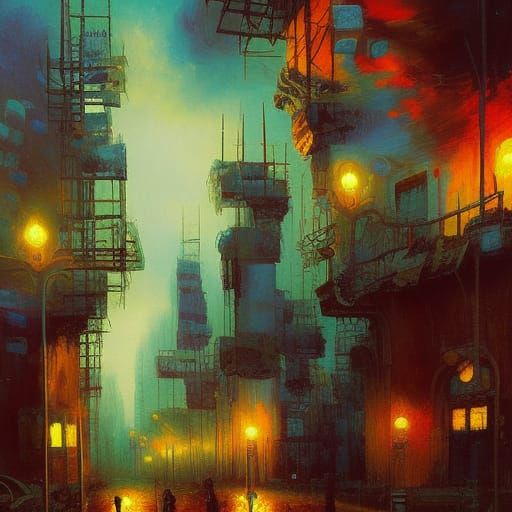 Apocalyptic City with Parrots as Expressionist Oil Painting