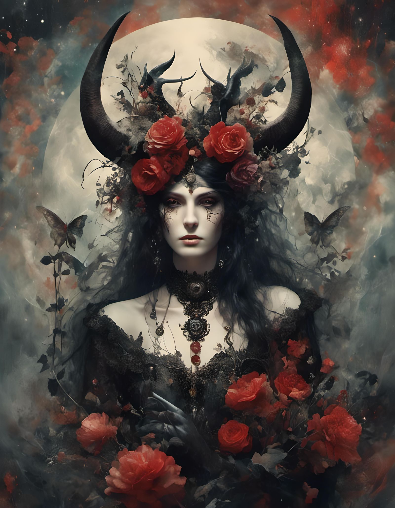 Victorian Baphomet Portrait with Mists and Roses