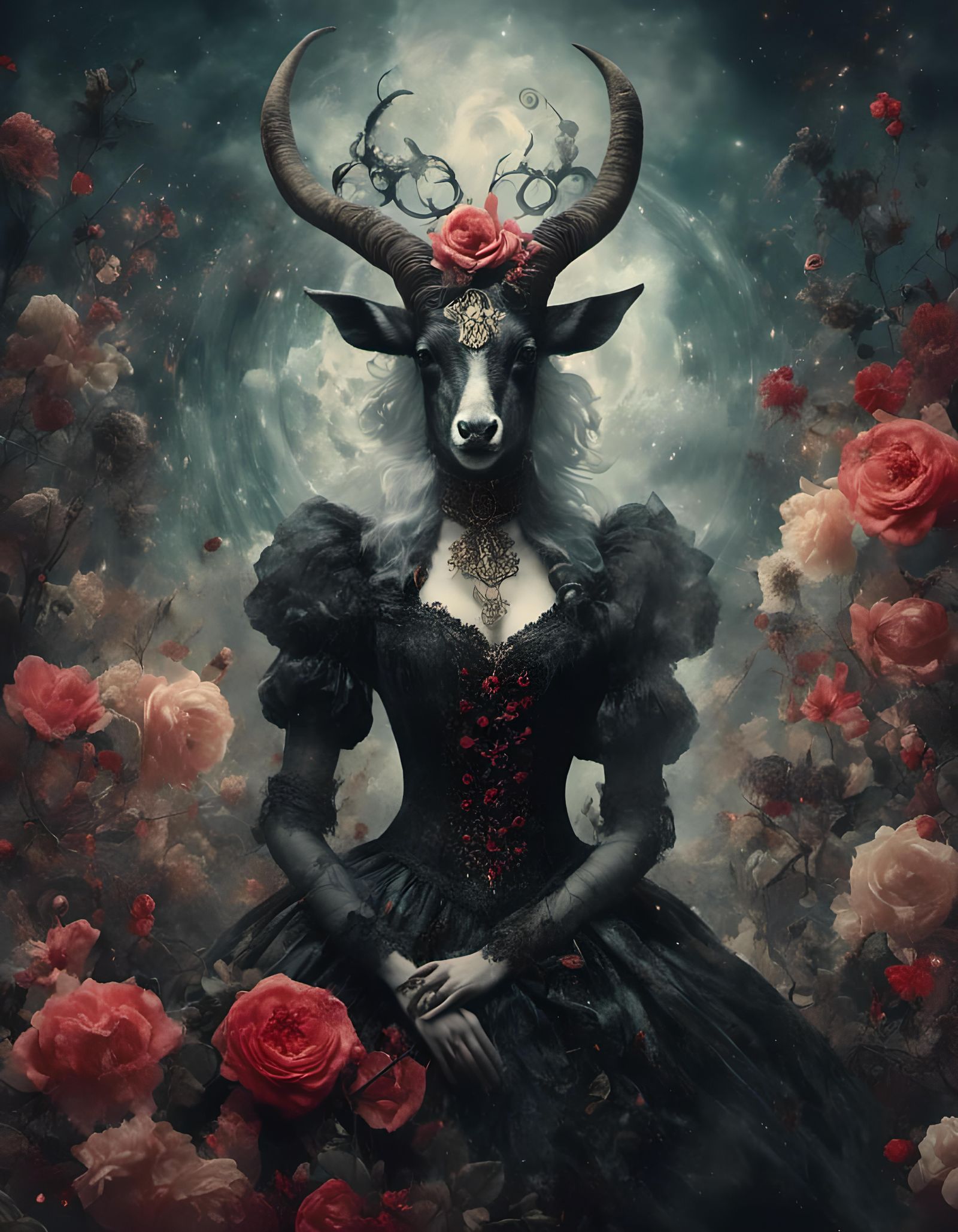 Victorian Baphomet Portrait with Mists and Roses
