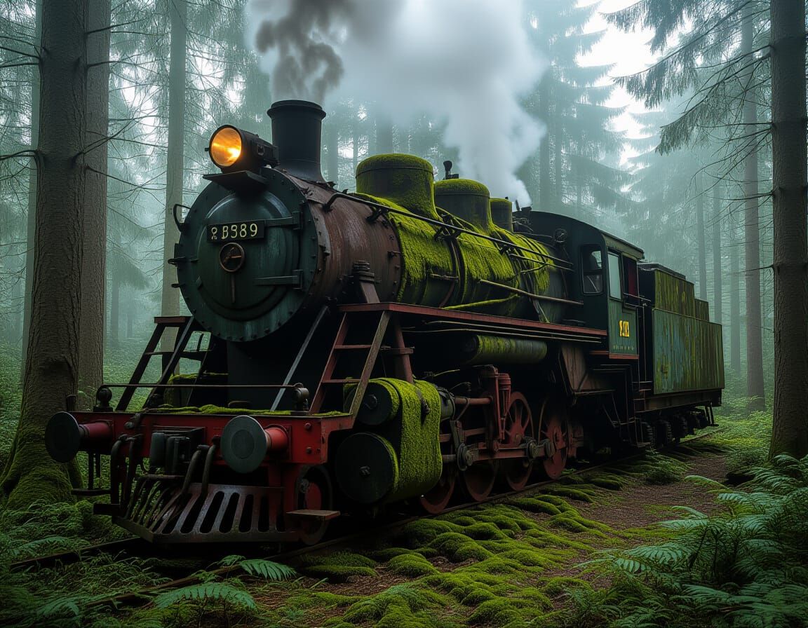 Abandoned Steam Locomotive in Forest, Cinematic Film Still