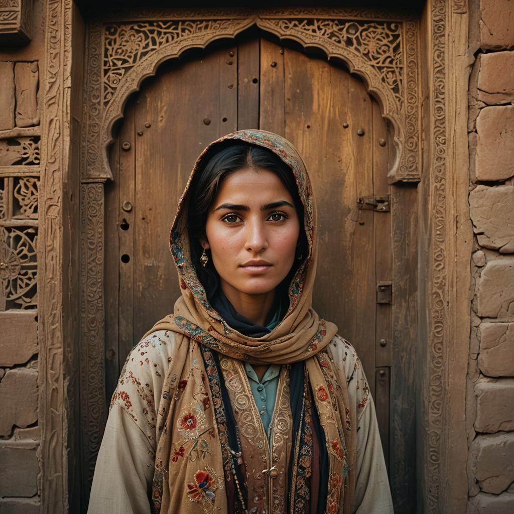 Afghan Woman in Ancient Doorway, Cinematic Photography