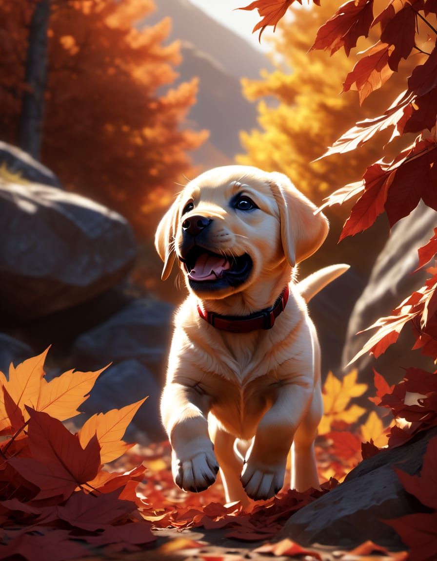 Playful Labrador Pup Jumps from Autumn Leaves in Mountain Va...