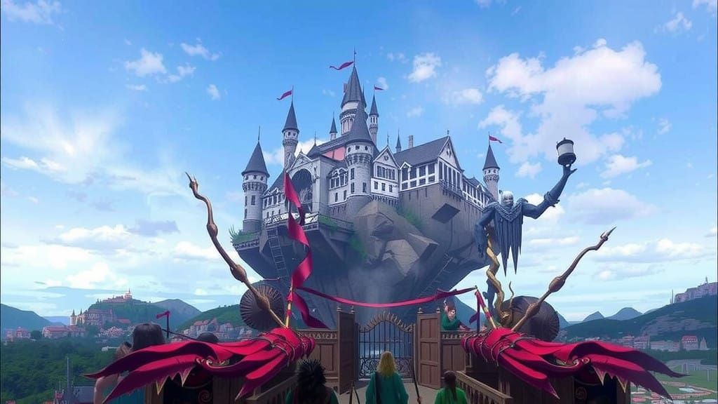 A Majestic Castle Rises on a Single Pillar, Surrounded by a...