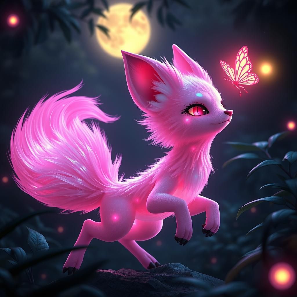 Luminescent Pink Fox Frolics in Jungle Moonlight