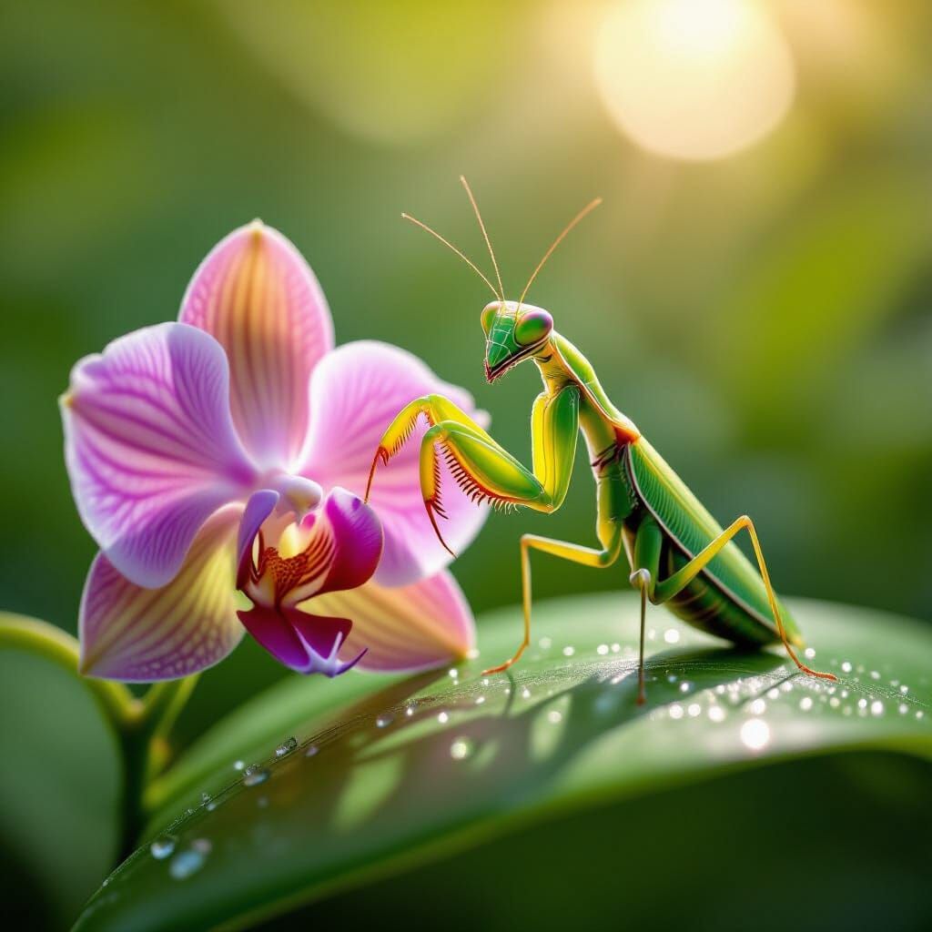 Praying Mantis Plays Harp on Orchid Leaf in Sunlight