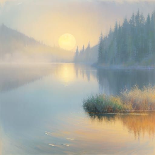 Impressionist Moonlit Lake Scene in Warm Golden Light