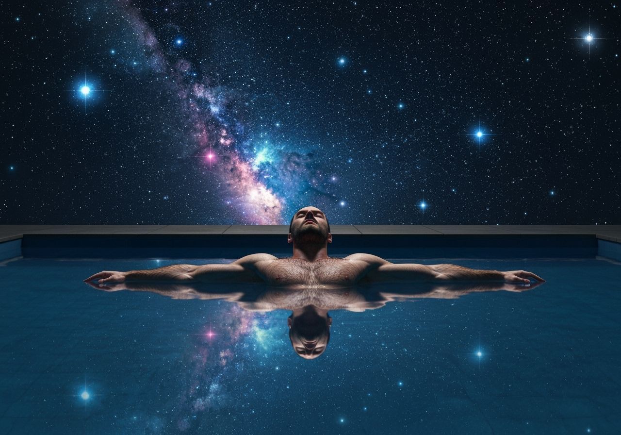 Muscular Man Floats in Starry Pool, Surreal Dreamscape