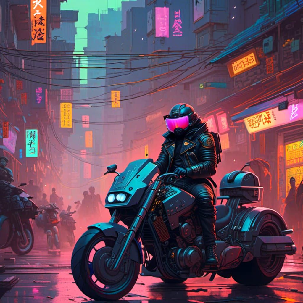 Cyberpunk Motorcycle Rider in Neon Cityscape