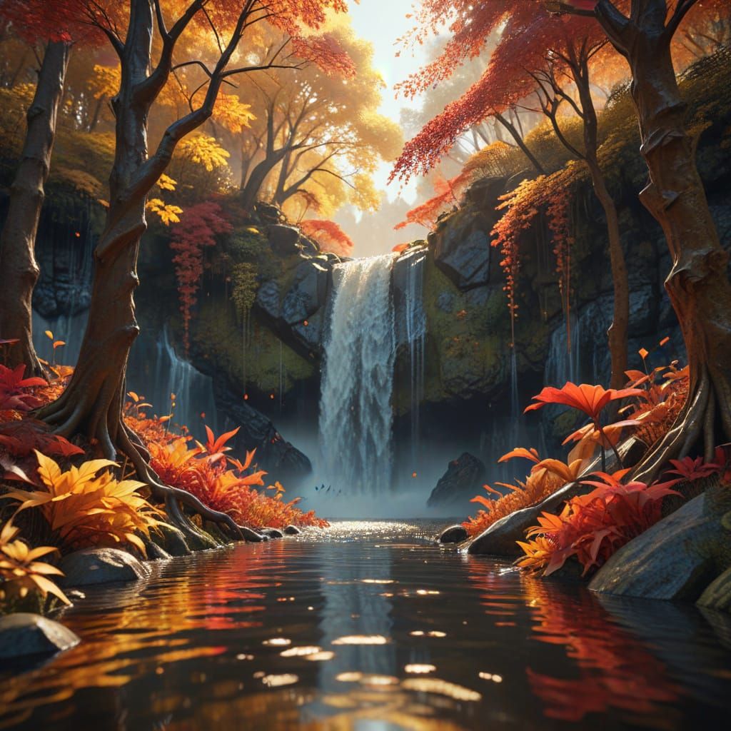 Origami Waterfall in Vivid Autumn Forest