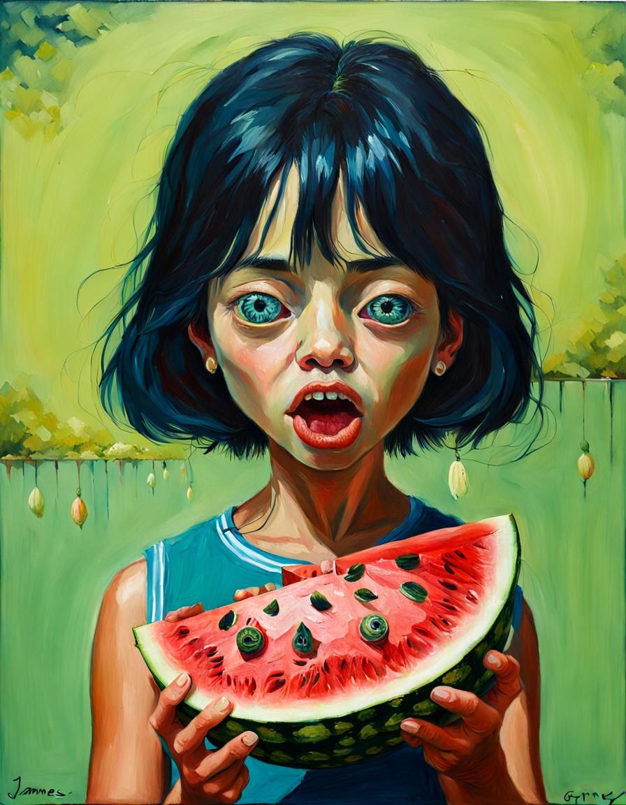 Surreal Watermelon Eats Human, Oil Painting