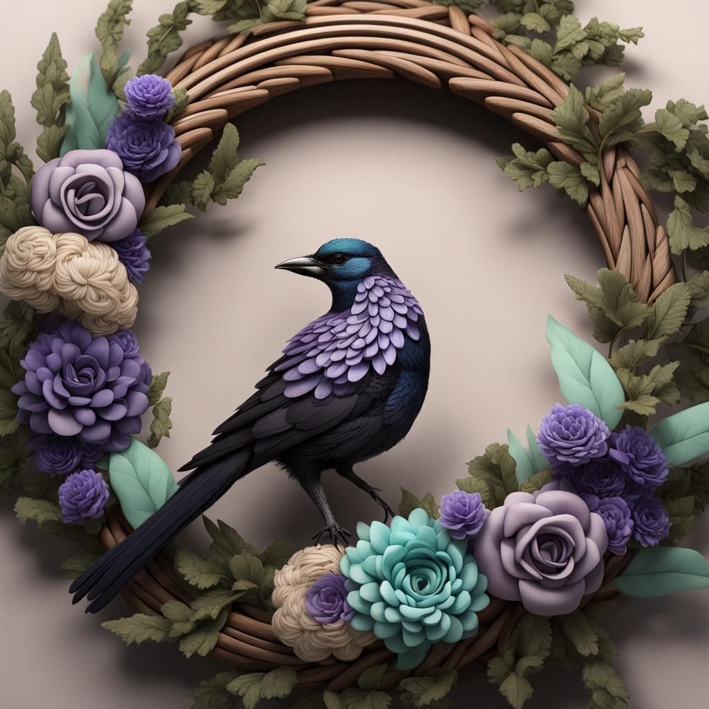 Floral Wreath with Macrame, Ribbon and Bird in 8K