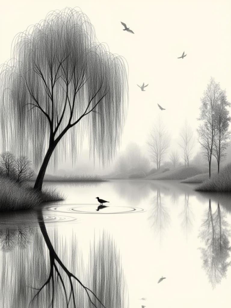 Serene Monochromatic Landscape in Pencil Sketch Style