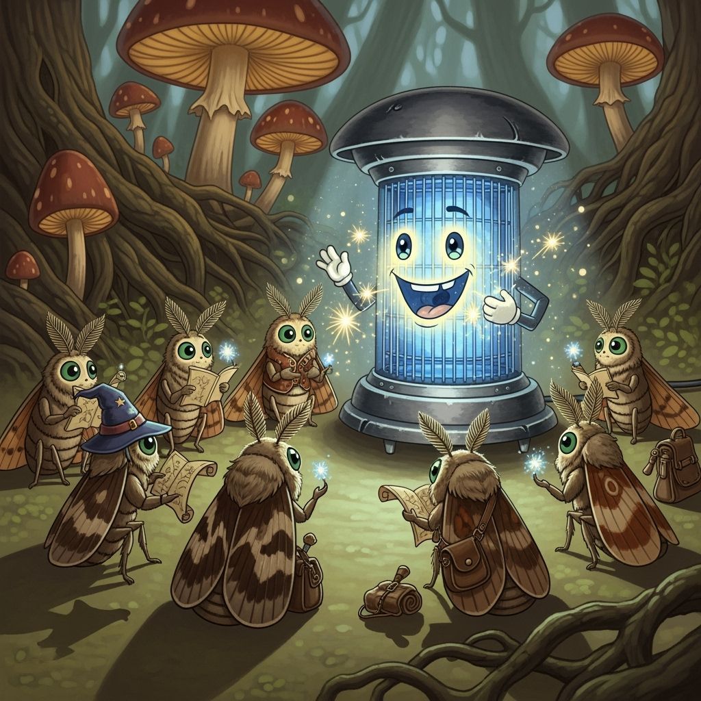 Moth Storytelling with Glowing Bug Zapper in Fantasy Forest