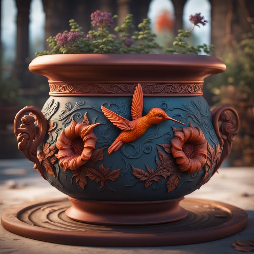 Hummingbird Carved on Eccentric Clay Pot