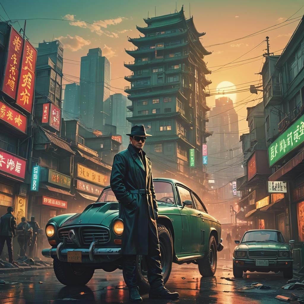 Green Hornet in Cyberpunk Shenzhen Sunrise