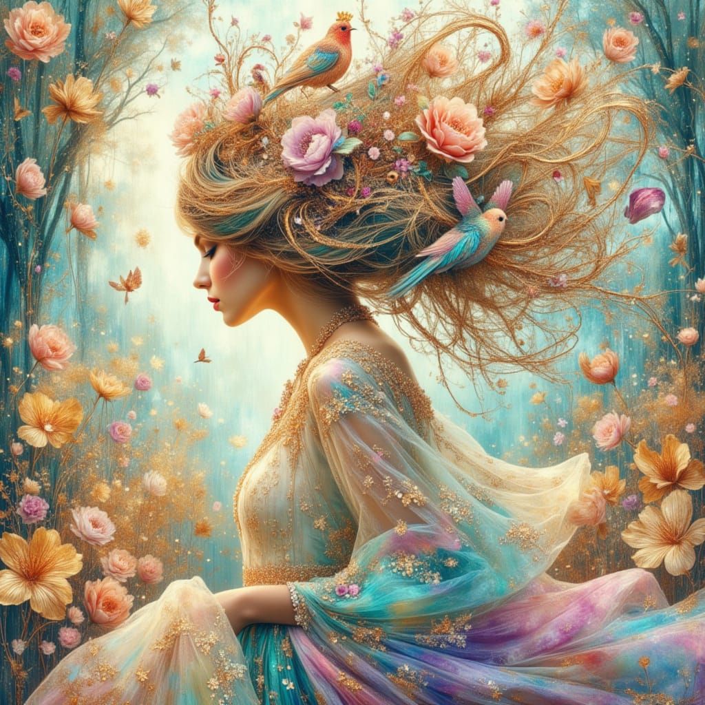 Woman with Rainbow Hair and Bird Crown in Enchanted Garden