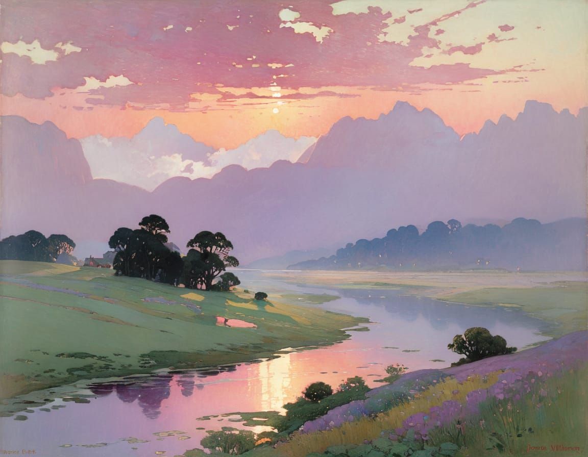 Misty Summer Morning Pink Sunset Landscape