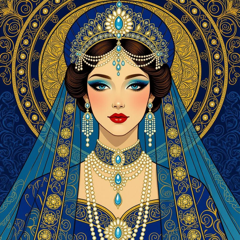 Empress with Kokoshnik and Pearl Makeup in Art Nouveau Style