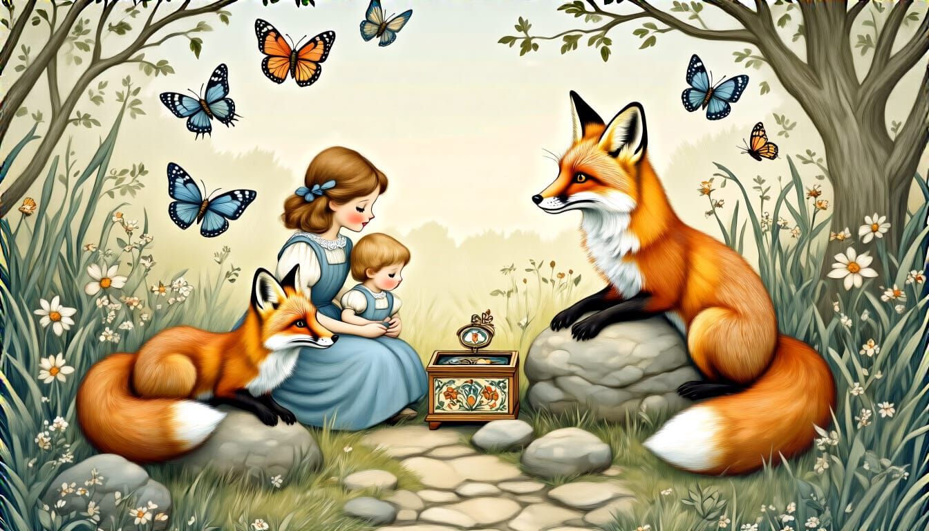 Whimsical Family Scene at Willow Farm, Storybook Illustratio...