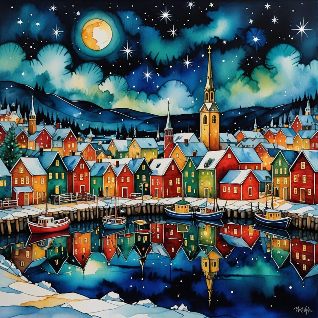 Vibrant Norwegian Christmas Harbor under Starry Skies