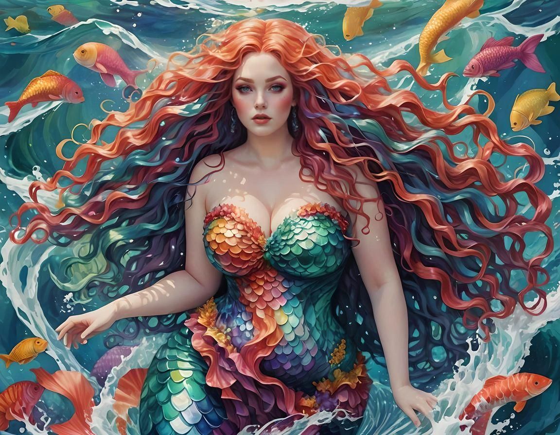 Beautiful Mermaid with Multicolored Hair in Ocean