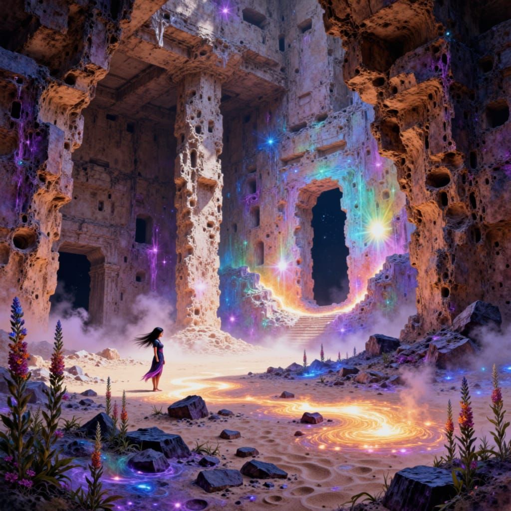 <lora:FluxSeed:1.0> A lone oracle stands knee-deep in crystalline sand within a ruined desert observatory, her silhouett...