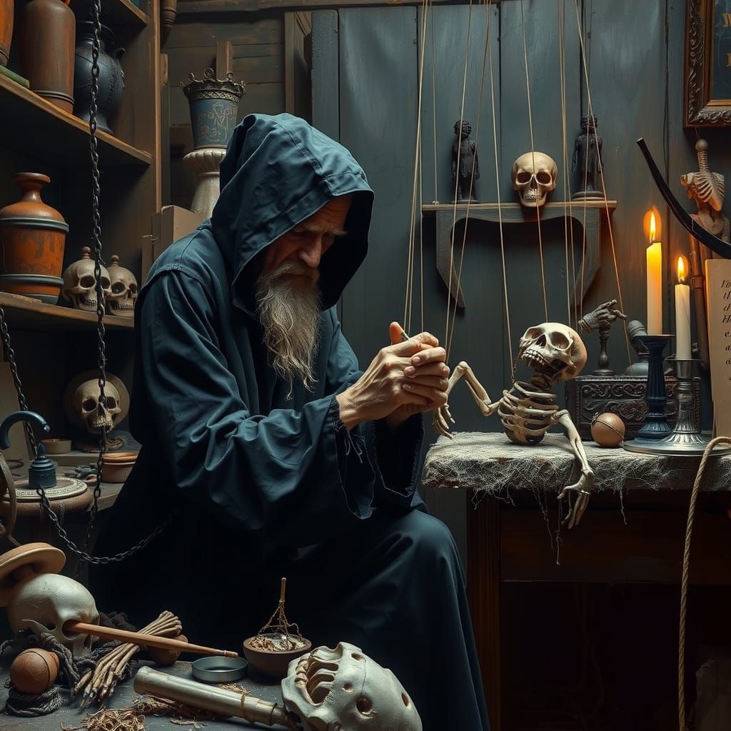 Grotesque Marionette Maker in Dark, Gothic Surrealism