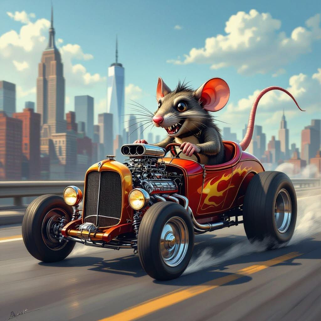 Ratfink Mouse Drives Hot Rod Through NYC