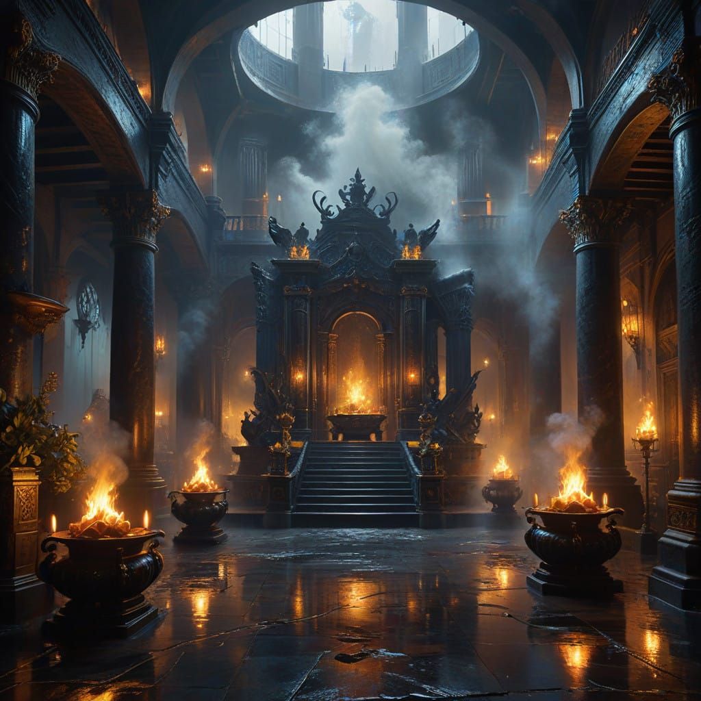 An ebony-carved throne room deep within a fortress. Black incense curls from golden censers, and the room smells of dark...