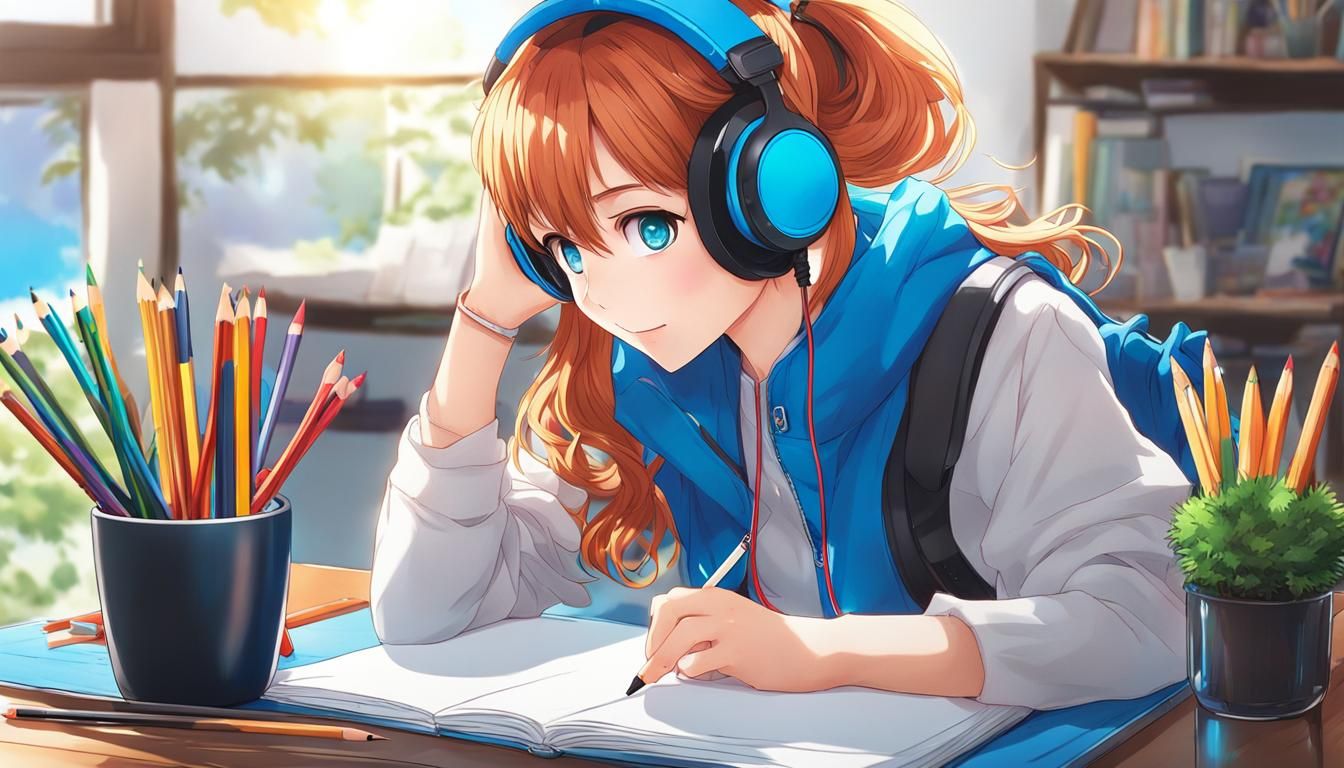 Anime Girl with Headphones: Coloring Book Style
