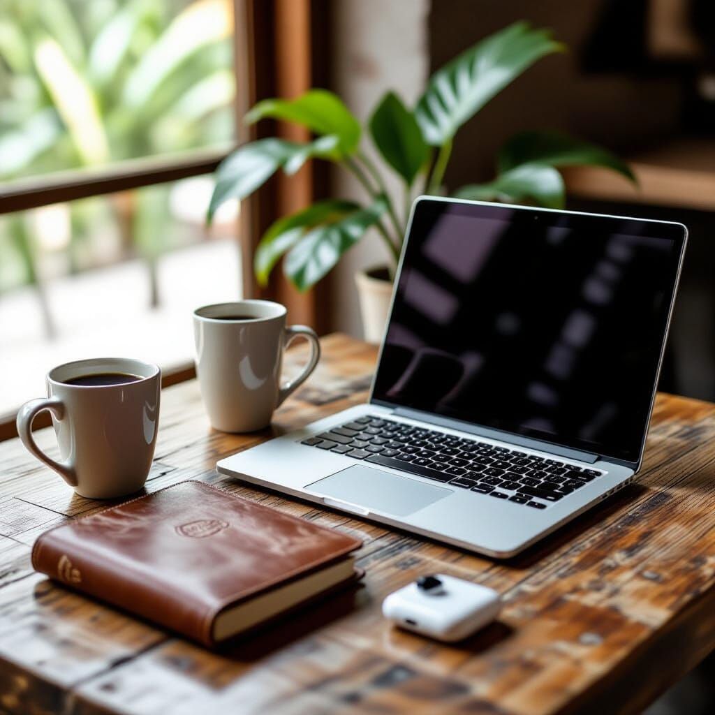 Nomad's Rustic Table: Travel and Tech Still Life