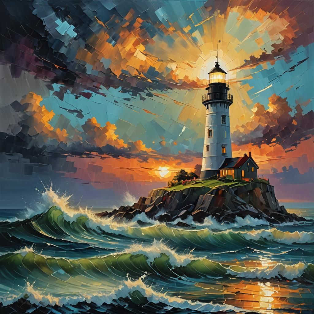 Abstract Lighthouse Oil Painting at Stormy Sunset