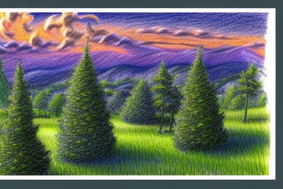 Green Trees Landscape in Impressionistic Pencil Crayon Style
