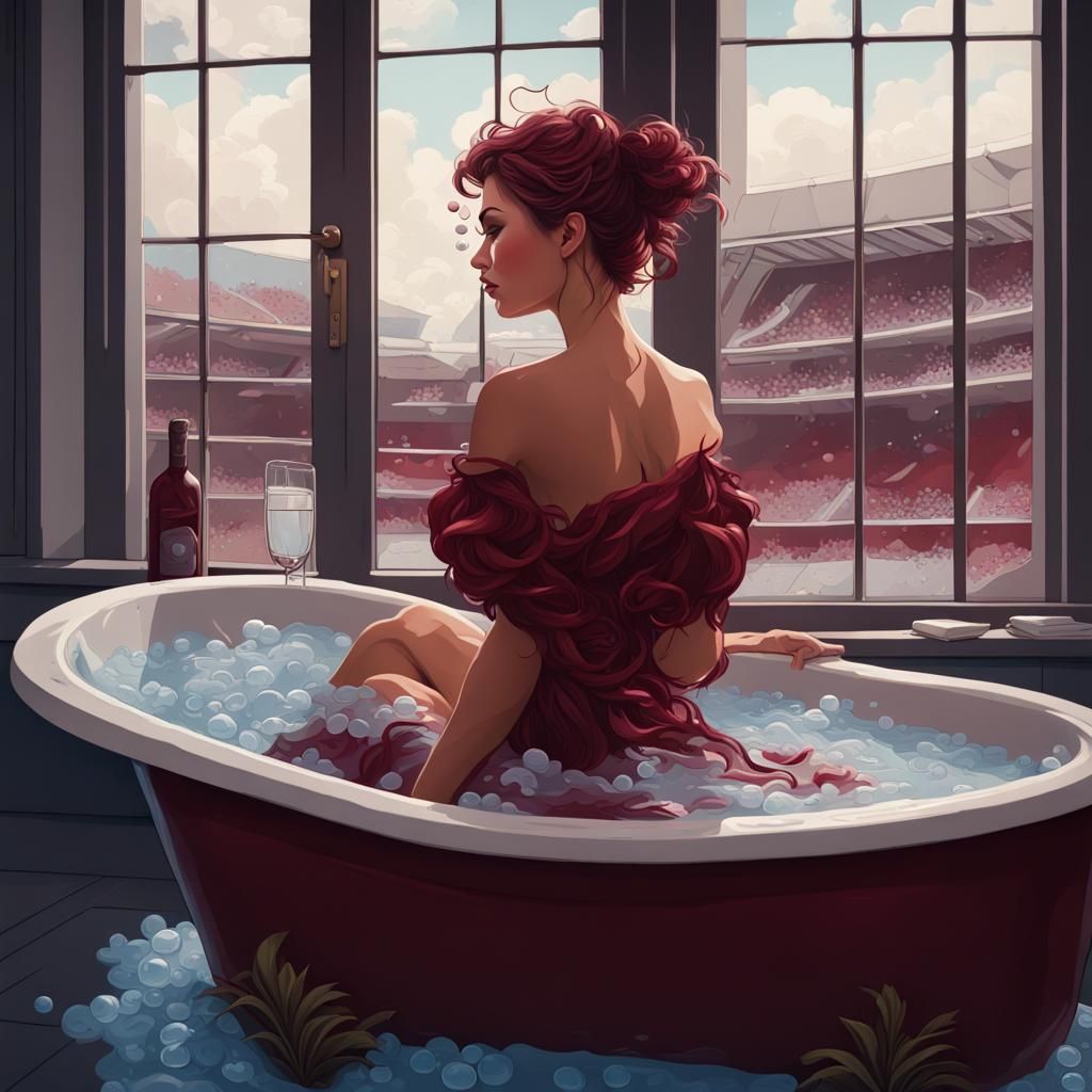 Woman in Bubble Bath Overlooking Football Ground