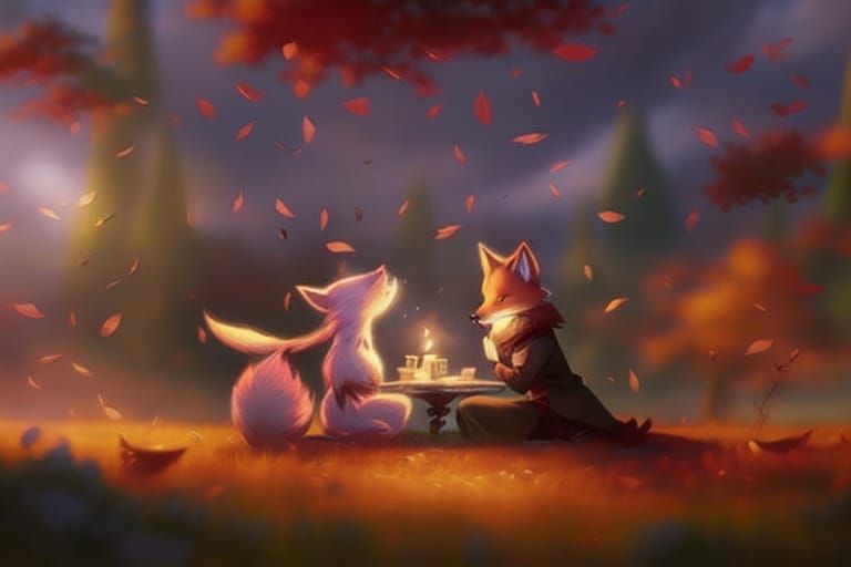 Fox Tea Party at Sunset: Digital Illustration