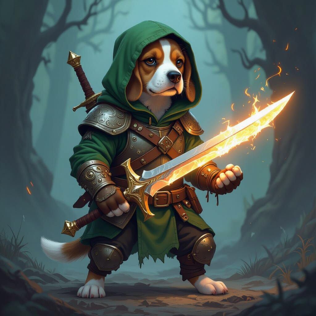 Armored Beagle Warrior with Magic Sword in Fantasy Scene