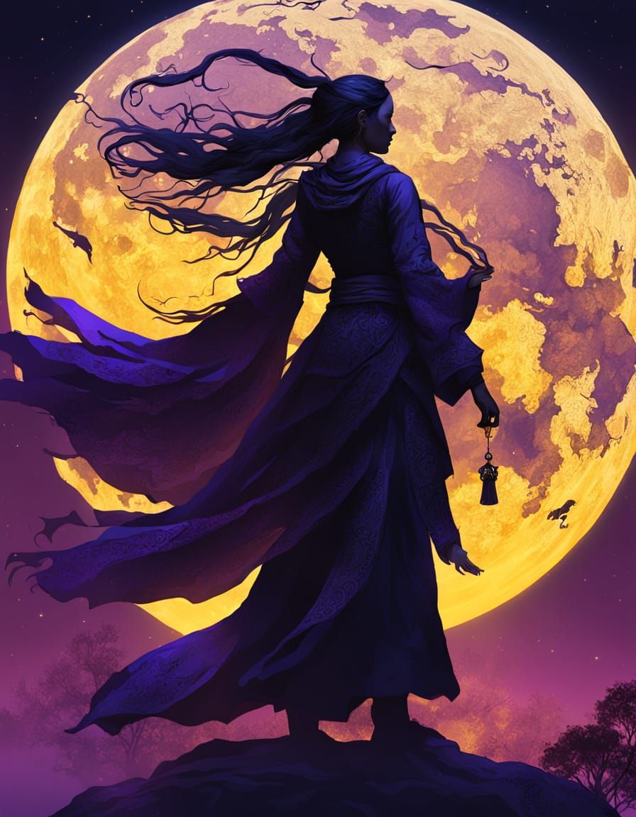 Tai Chi Figure Backlit by Moon in Dark Fantasy Art