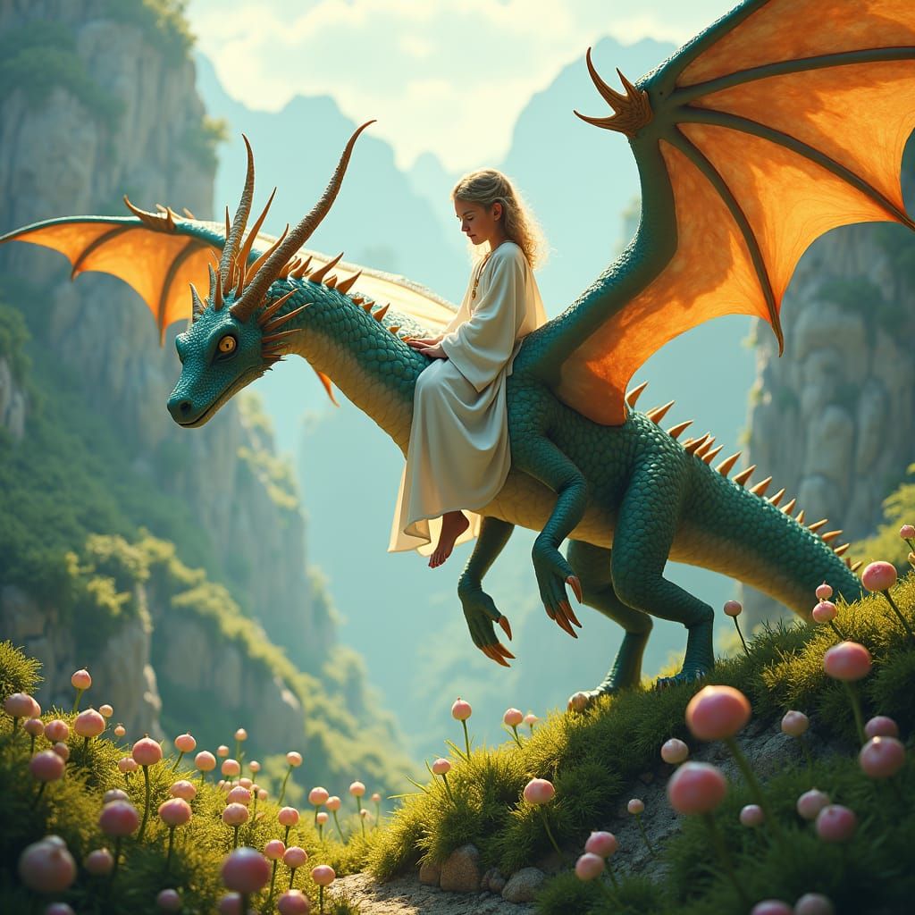 Girl on Luck Dragon Soaring Over Valley