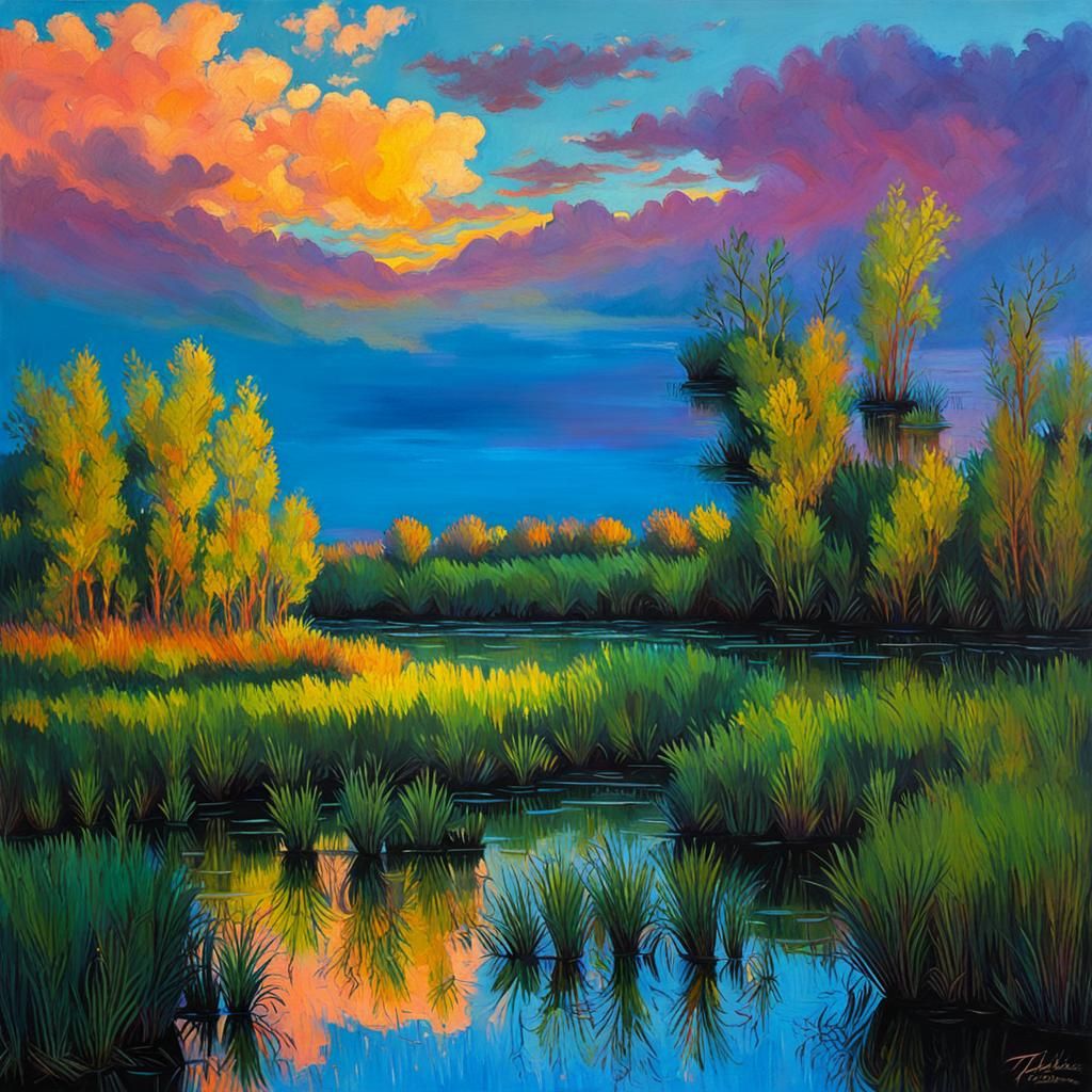 Tachisme Dawn: Willows, Marshes, and Colorful Shadows