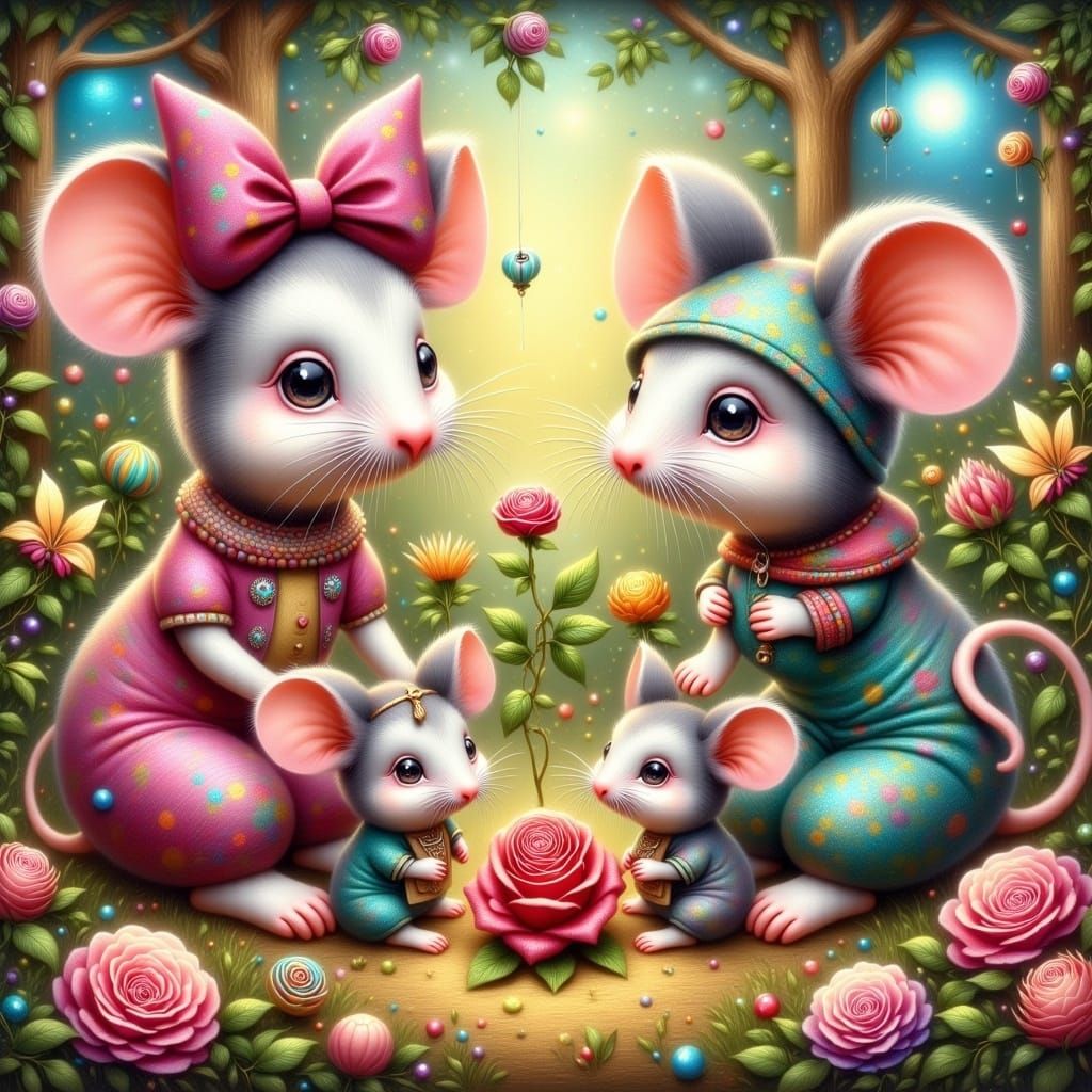 Whimsical Mice Family in Psychedelic Garden