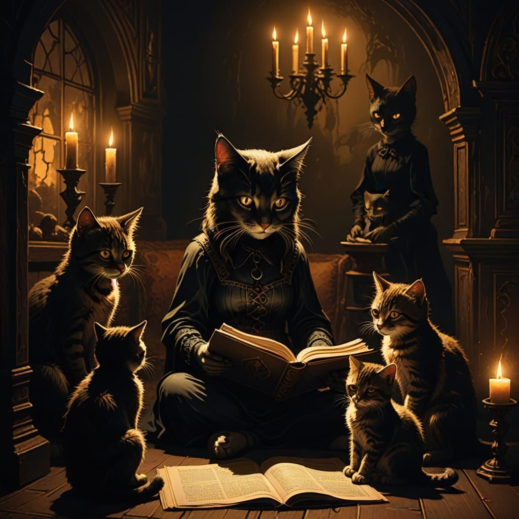 Mother Cat Reads to Kittens in a Haunting Gothic Scene