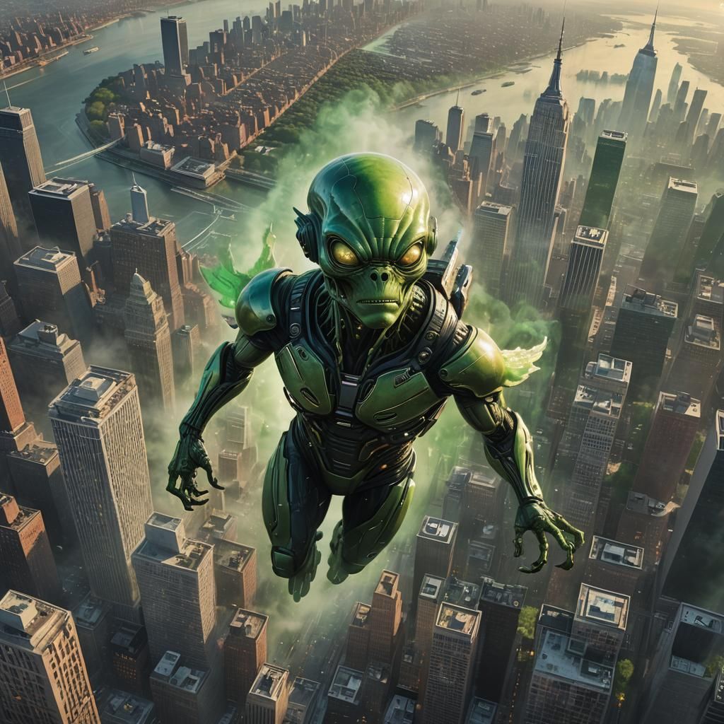 Cyborg Alien Over Foggy New York Sunset