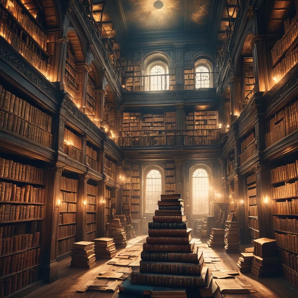 Mystical Abandoned Library with Glowing Runes