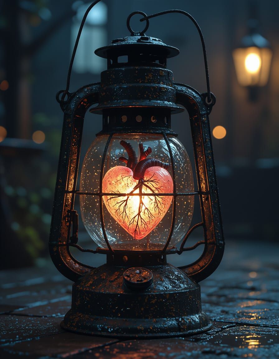 Eerie Lantern with Glowing Heart in Dark Fantasy Style