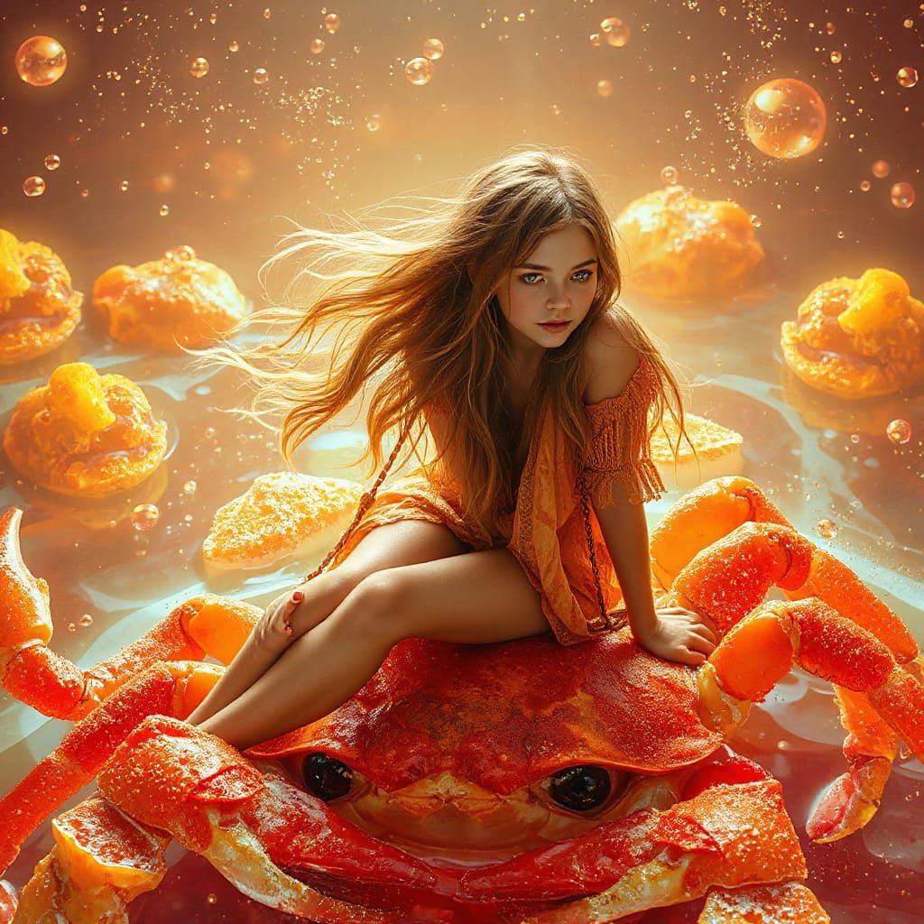 Woman on Gummy Crab in Effervescent Soda Sea