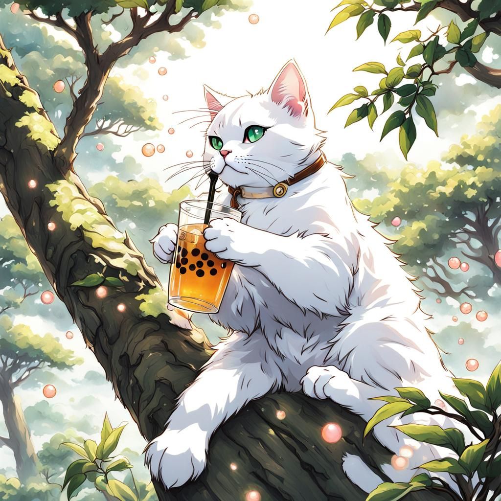 Cat Sipping Bubble Tea in Anime Style Tree