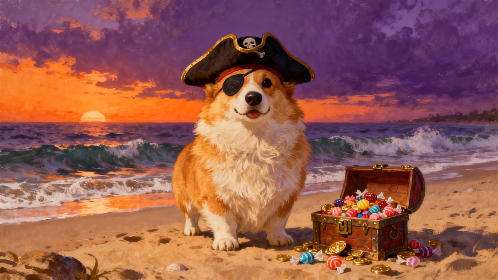 Pirate Corgi Captain on Beach at Dusk